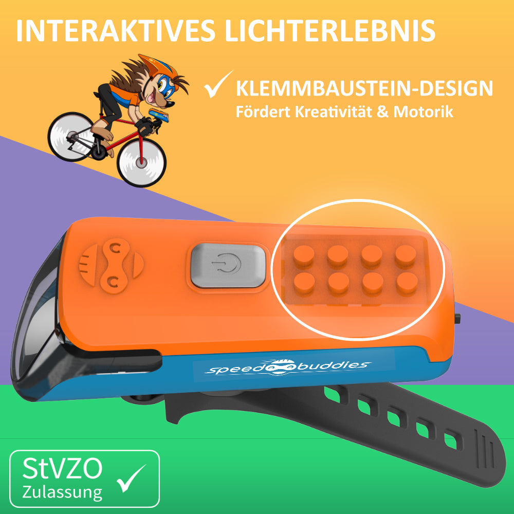 Speed Buddies Kinder Fahrradlicht (StVZO) USB-C, Frontlicht (blau/orange)