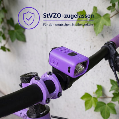 NANO Duo Fahrradlicht-Set Kinder – StVZO Frontlicht & Rücklicht Lila/Gelb